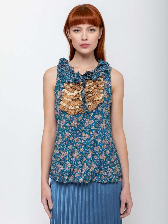  Hazel Brown 캐미솔 러플 요크와 언더 이 있는 헤이즐 브라운 블라우스, 블루 플로럴 - OTHER BRANDS