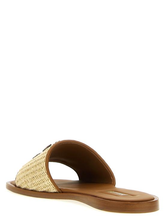 26SS 미우미우 캔버스 및 가죽 슬라이드 5XX644F0053LOMF0018 Beige - MIU MIU