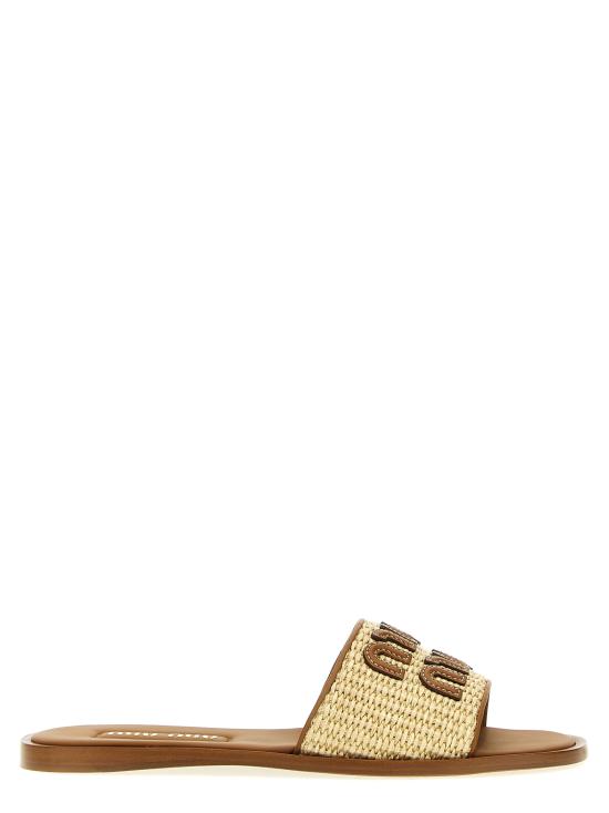 26SS 미우미우 캔버스 및 가죽 슬라이드 5XX644F0053LOMF0018 Beige