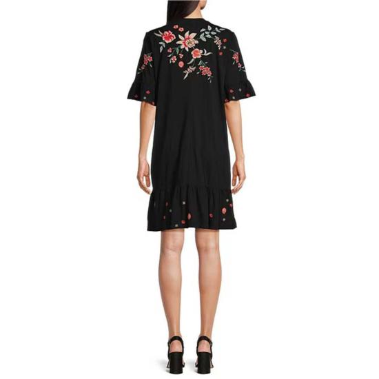  조니 와스 숏 원피스 조니 워즈 안드레안 플레이스먼트 플로럴 자수 니트 저지 쉬프트 드레스 블랙 - JOHNNY WAS