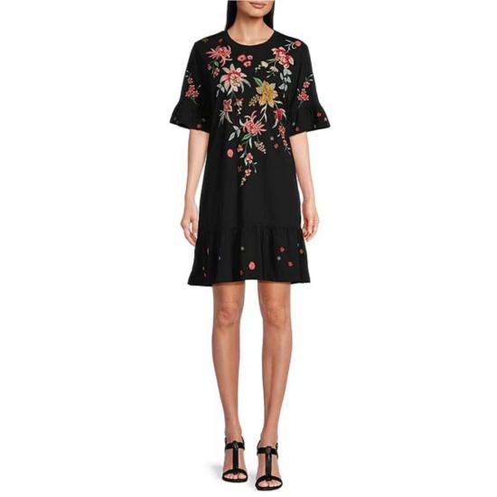  조니 와스 숏 원피스 조니 워즈 안드레안 플레이스먼트 플로럴 자수 니트 저지 쉬프트 드레스 블랙