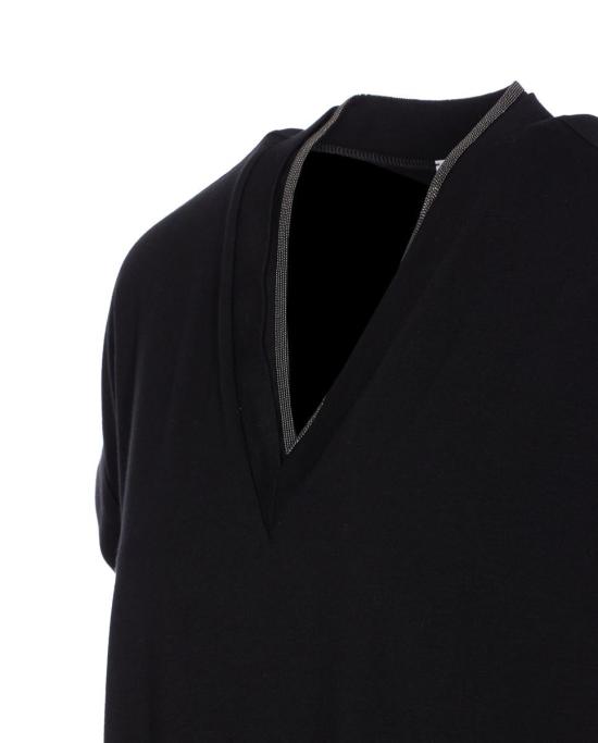 25FW 브루넬로 쿠치넬리 메탈릭 디테일 네크라인 V넥 탑 반팔 티셔츠 M0T18BD222C101 Black - BRUNELLO CUCINELLI