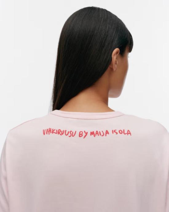  마리메꼬 반팔 티셔츠 Marimekko Erna Vihkiruusu 배치 키오스키 셔츠 라이트 핑크/레드 - MARIMEKKO