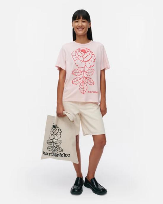  마리메꼬 반팔 티셔츠 Marimekko Erna Vihkiruusu 배치 키오스키 셔츠 라이트 핑크/레드