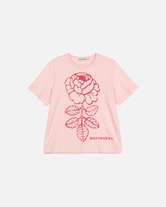  마리메꼬 반팔 티셔츠 Marimekko Erna Vihkiruusu 배치 키오스키 셔츠 라이트 핑크/레드 - MARIMEKKO