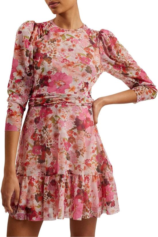  테드베이커 숏 원피스 Ted Baker Mildrd 메시 미니 드레스 어깨 개더 핑크