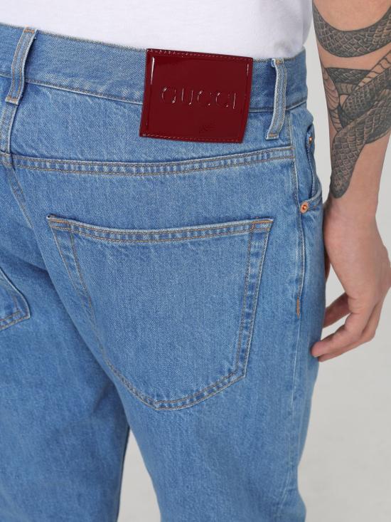 25FW 구찌 웹 롤업 레더 패치 슬림 데님 팬츠 796483XDC6Y 4447 Blue - GUCCI