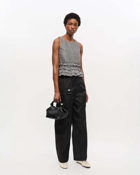  가니 블라우스 크링클드 태피터 체크 오픈 백 프릴 탑 블랙 - GANNI