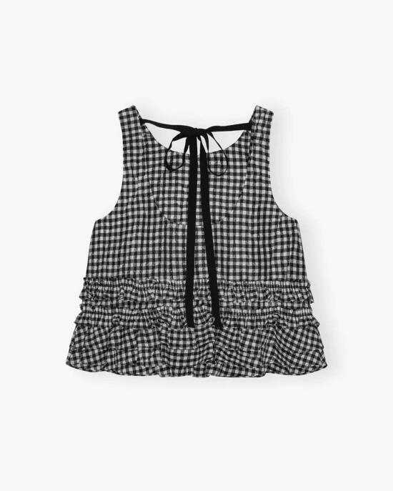  가니 블라우스 크링클드 태피터 체크 오픈 백 프릴 탑 블랙 - GANNI