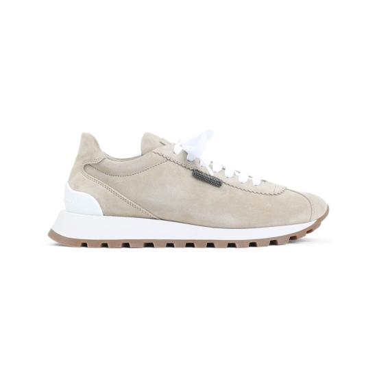 25FW 브루넬로 쿠치넬리 샤이니 탭 스웨이드 러너 스니커즈 MZSFG2110P 4180 Beige
