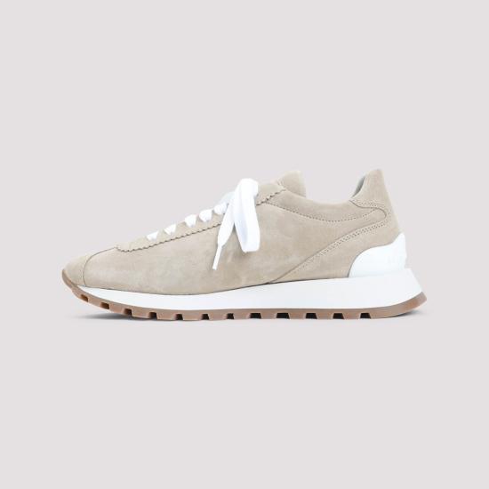 25FW 브루넬로 쿠치넬리 샤이니 탭 스웨이드 러너 스니커즈 MZSFG2110P 4180 Beige - BRUNELLO CUCINELLI