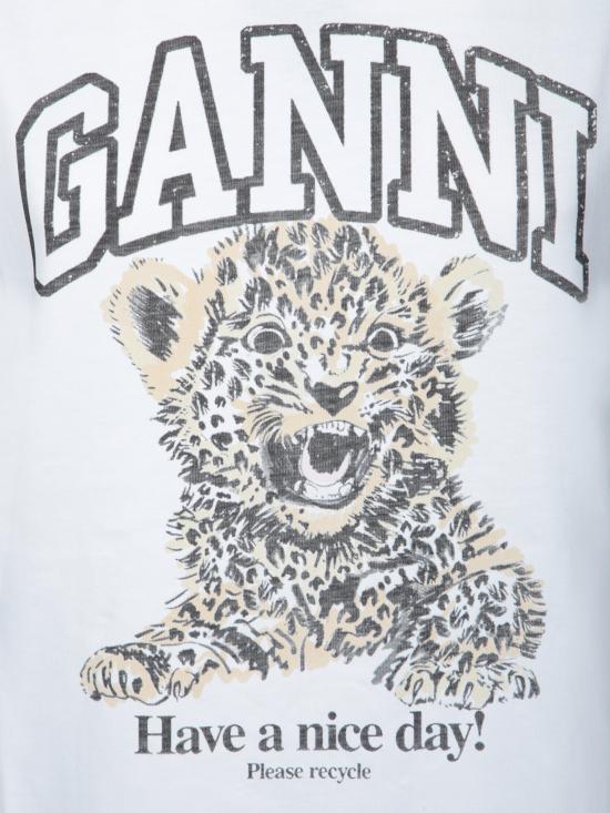 27FW 가니 베이직 저지 레오파드 릴렉스드 티셔츠 T4124 943 White - GANNI