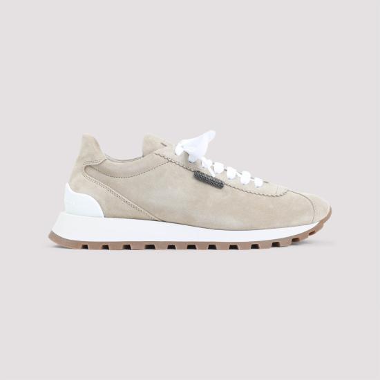 25FW 브루넬로 쿠치넬리 샤이니 탭 스웨이드 러너 스니커즈 MZSFG2110P C4180 NUDE NEUTRALS - BRUNELLO CUCINELLI