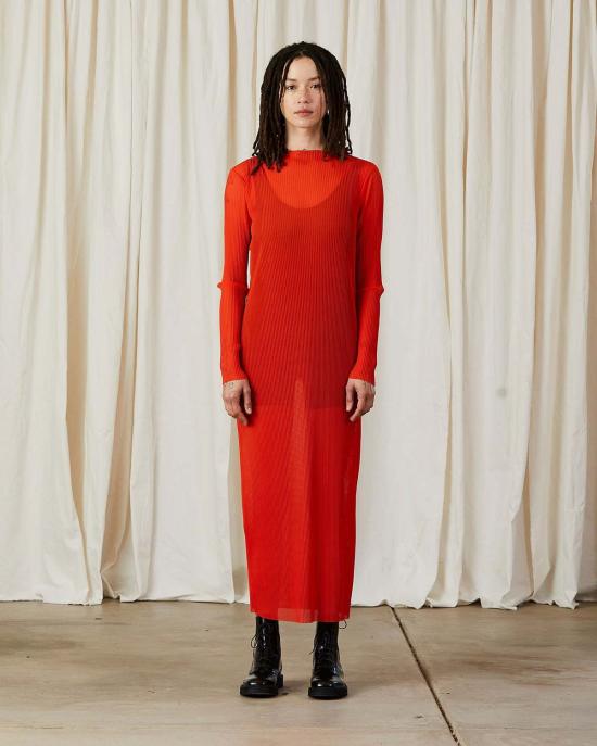  알리 골든 롱 원피스 플리츠 메시 드레스 포피