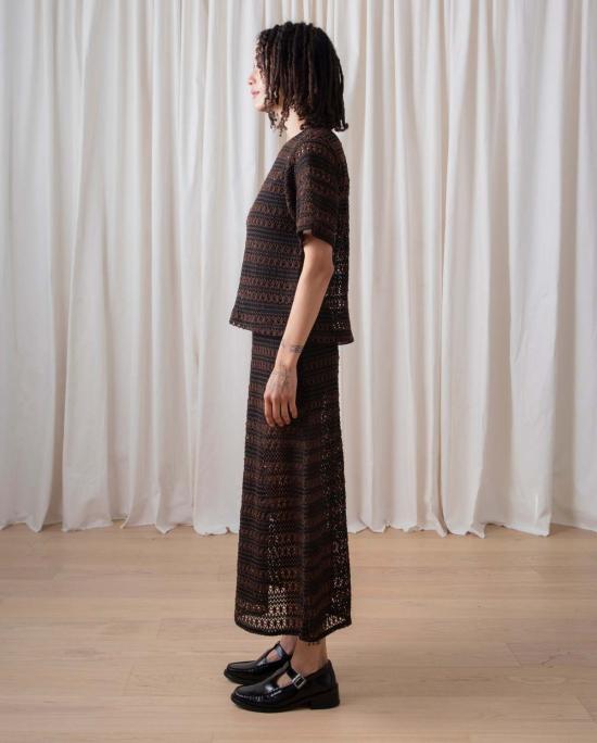  알리 골든 반팔 티셔츠 워븐 티셔츠 브라운/블랙 크로셰 - ALI GOLDEN