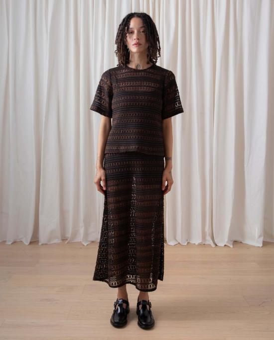  알리 골든 반팔 티셔츠 워븐 티셔츠 브라운/블랙 크로셰 - ALI GOLDEN