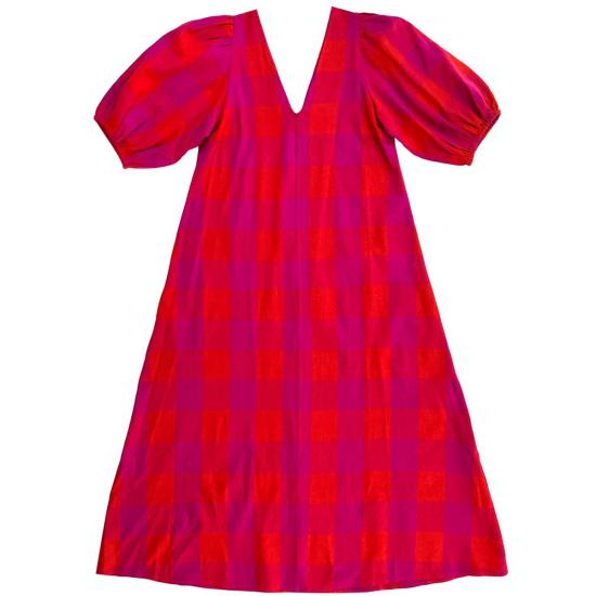  알리 골든 롱 원피스 더블 V넥 맥시 드레스 포피/핑크 플레드