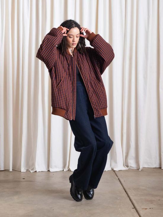  알리 골든 봄버 자켓 오버사이즈 봄버 재킷 러스트/네이비 깅엄 - ALI GOLDEN