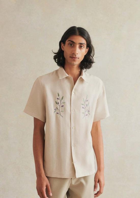  De Bonne Facture 반팔 셔츠 캠프 칼라 자수  올리브 브랜치