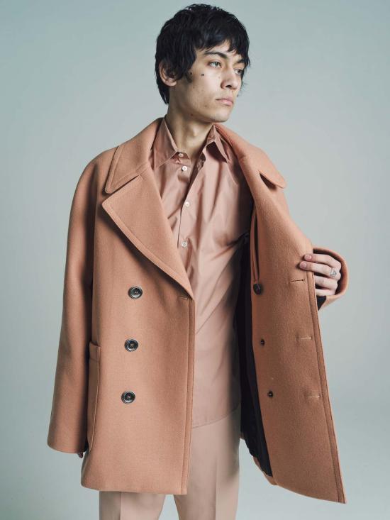  랑방 코트 핑크 클레이 콘트라스트 패널 피코트 브라운 - LANVIN