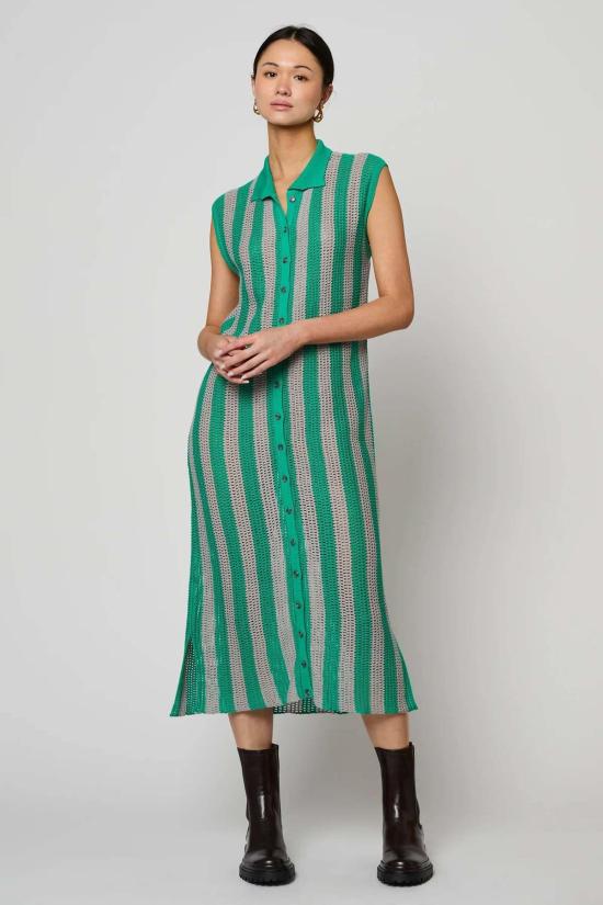  아뜰리에 델핀 롱 원피스 아틀리에 델핀 셔츠 드레스 오픈워크 니트 드레스 그린/실버 - ATELIER DELPHINE