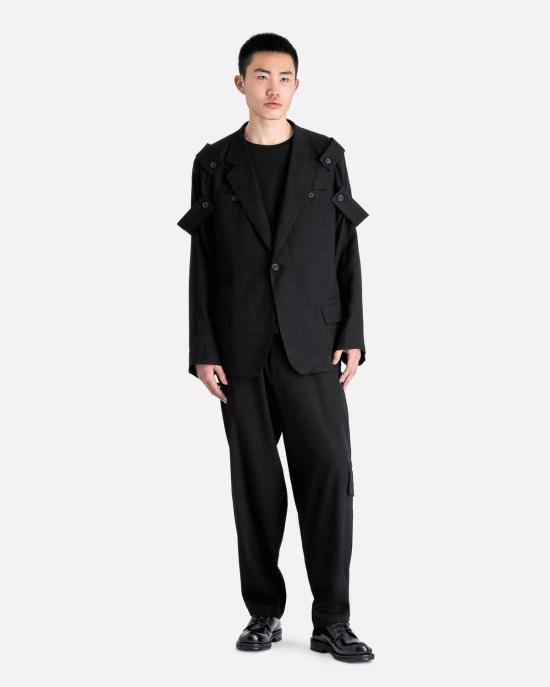  요지 야마모토 수트 자켓 Yohji Yamamoto Pour Homme J 싱글 버튼 숄더 견장 재킷 블랙 - YOHJI YAMAMOTO