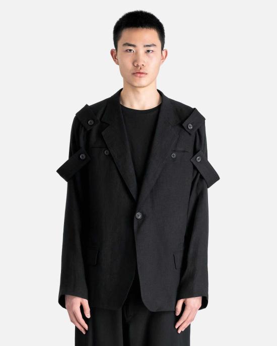  요지 야마모토 수트 자켓 Yohji Yamamoto Pour Homme J 싱글 버튼 숄더 견장 재킷 블랙