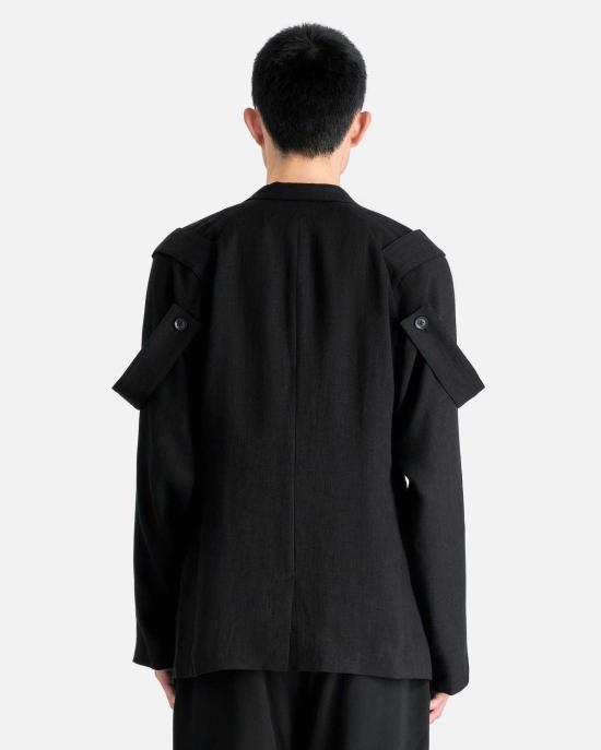  요지 야마모토 수트 자켓 Yohji Yamamoto Pour Homme J 싱글 버튼 숄더 견장 재킷 블랙 - YOHJI YAMAMOTO