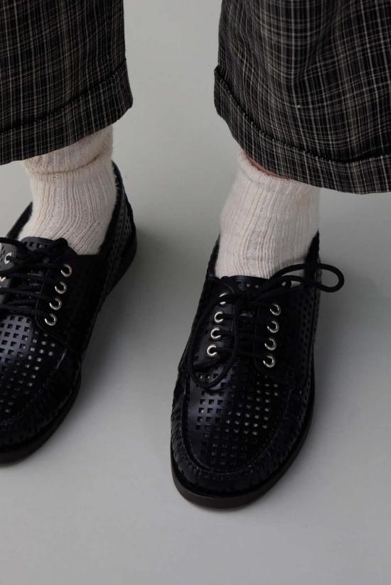  카론 칼라한 로퍼 캐런 캘러핸 벡스터 보트 슈즈 퍼포레이티드 샤이니 블랙 가죽 - CARON CALLAHAN