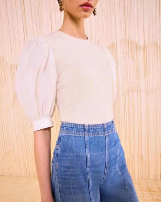  울라 존슨 블라우스 페넬로페 반팔 탑 아이보리 멜란지 - ULLA JOHNSON