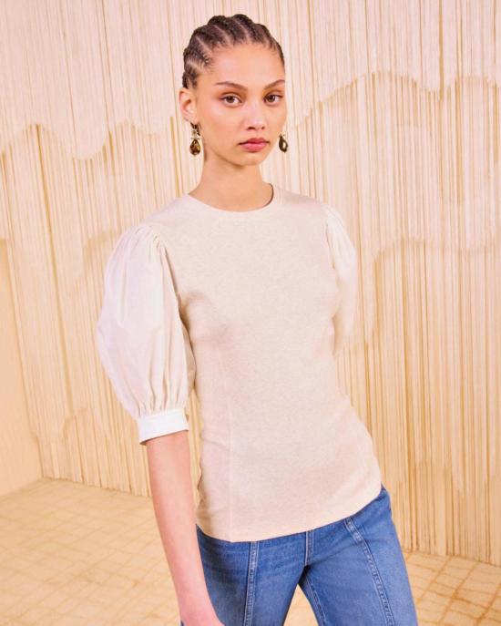  울라 존슨 블라우스 페넬로페 반팔 탑 아이보리 멜란지