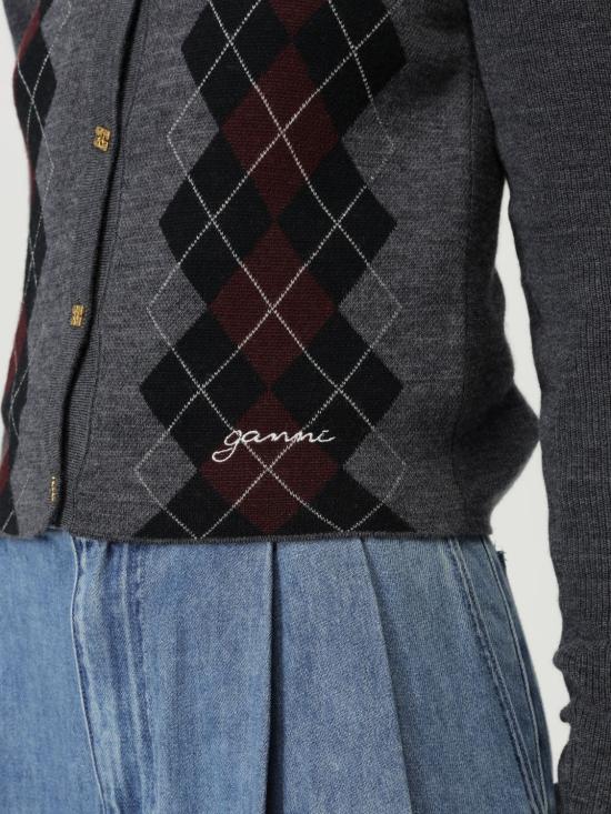 25FW 가니 파인 메리노 아가일 가디건 K2284 523 Grey - GANNI