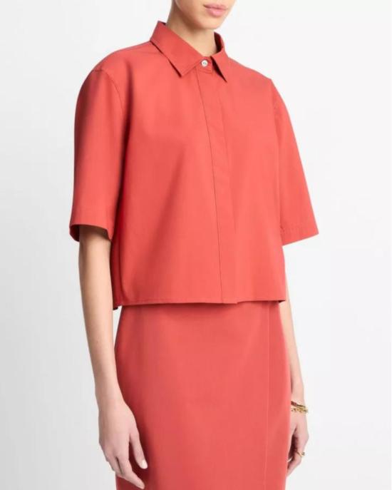  빈스 셔츠 반팔 크롭 셔츠 브릭 로즈 - VINCE