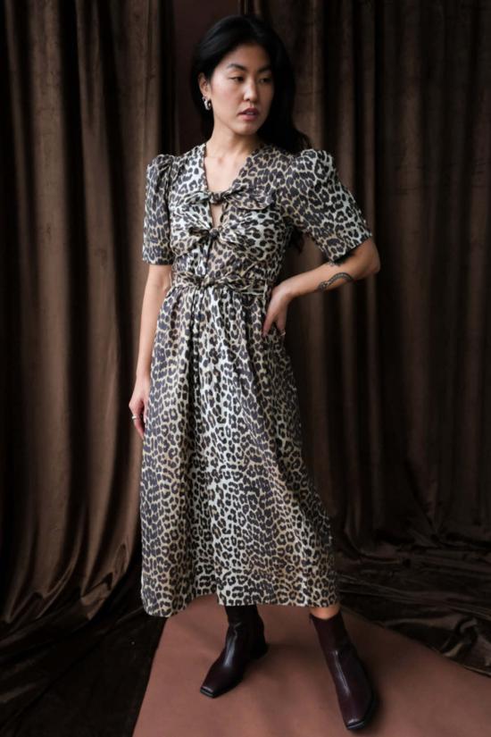  가니 미디 원피스 프린트 코튼 타이 스트랩 미디 드레스 레오파드
