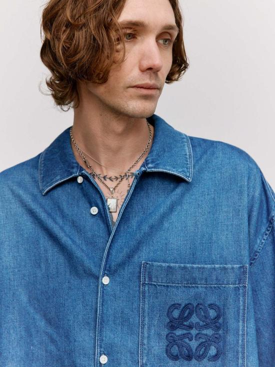  로에베 반팔 셔츠 데님 반팔  라이트 블루 - LOEWE