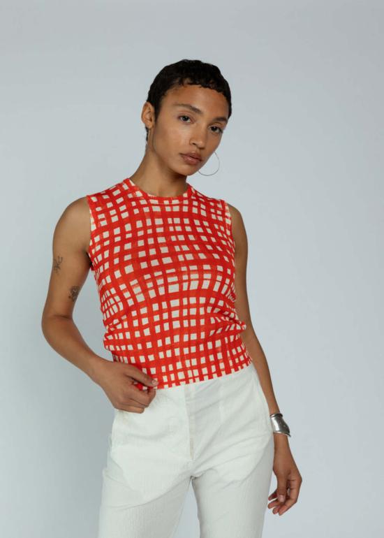  MJ 왓슨 블라우스 엠제이 왓슨 플레임 체크 슬리브리스 탑 플레임 체크