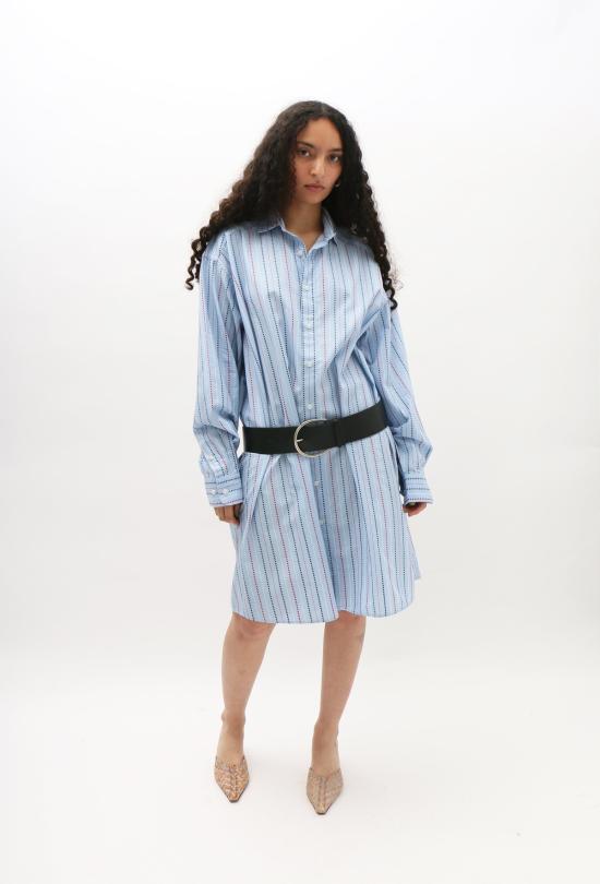  베이스레인지 미디 원피스 매트릭스 스트라이프 클로드 셔츠 드레스 - BASERANGE