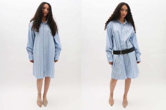  베이스레인지 미디 원피스 매트릭스 스트라이프 클로드 셔츠 드레스 - BASERANGE