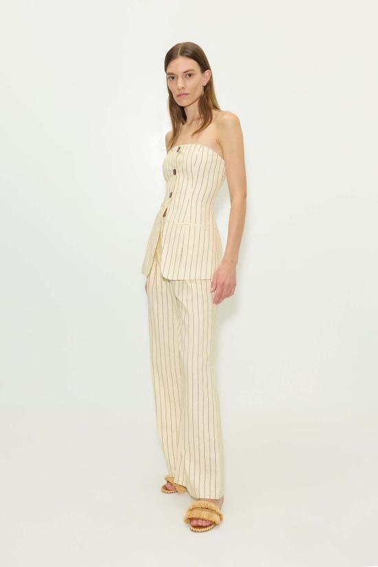  사이먼밀러 민소매 티셔츠 사이먼 밀러 모리 스트랩리스 리넨 탑 크림 핀스트라이프 - SIMONMILLER