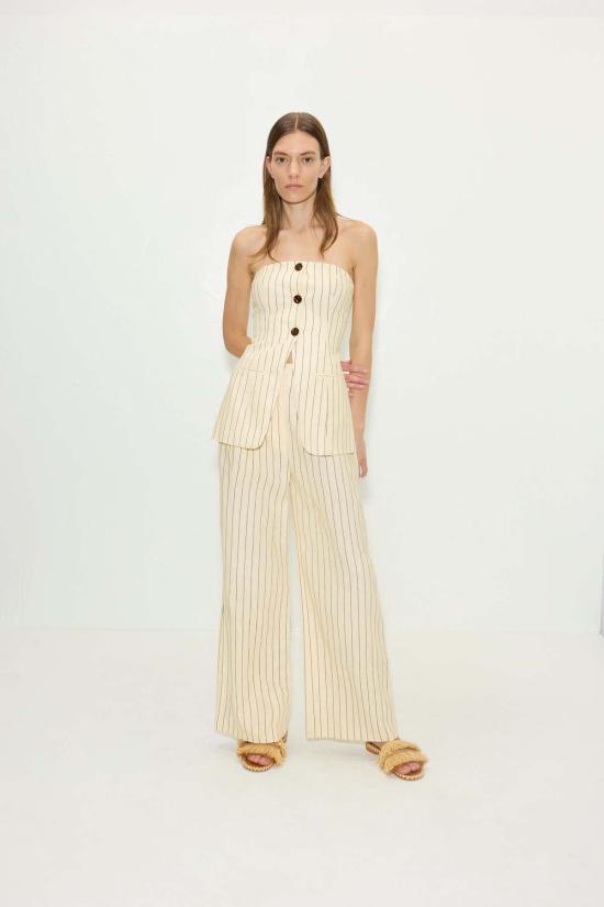  사이먼밀러 민소매 티셔츠 사이먼 밀러 모리 스트랩리스 리넨 탑 크림 핀스트라이프 - SIMONMILLER