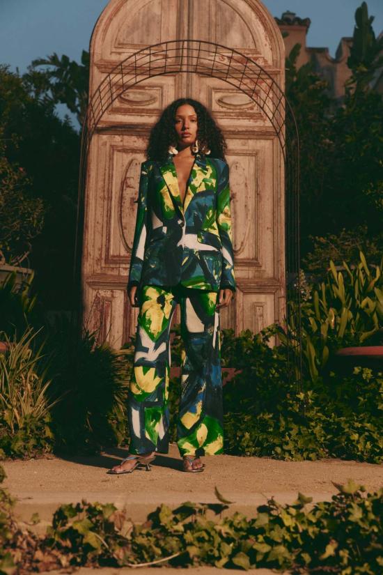  사이먼밀러 스트레이트 팬츠 사이먼 밀러 블루 크레이프 팬츠 라지 추상 플로럴 - SIMONMILLER