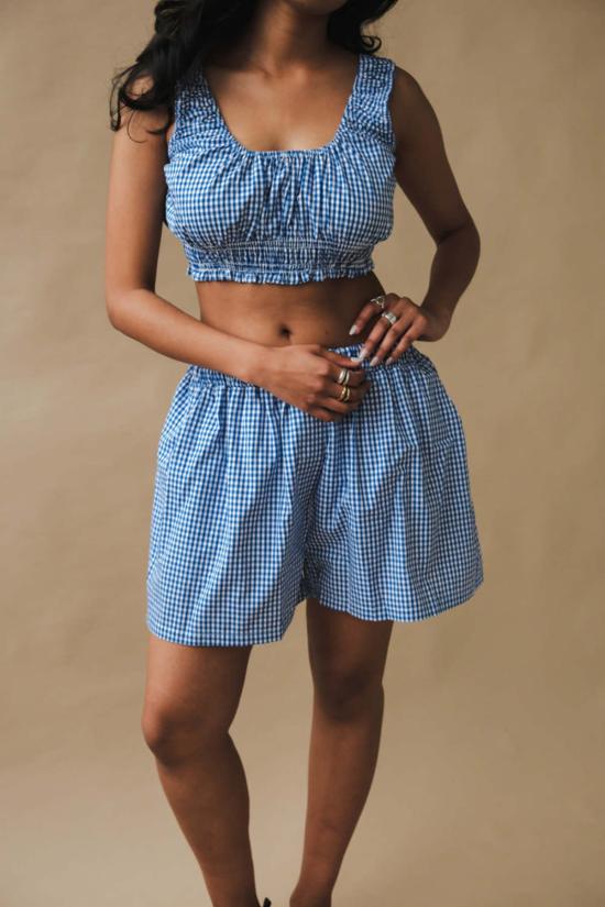  토잇 볼랑 숏팬츠 Toit Volant Joan 복서 반바지 블루 깅엄