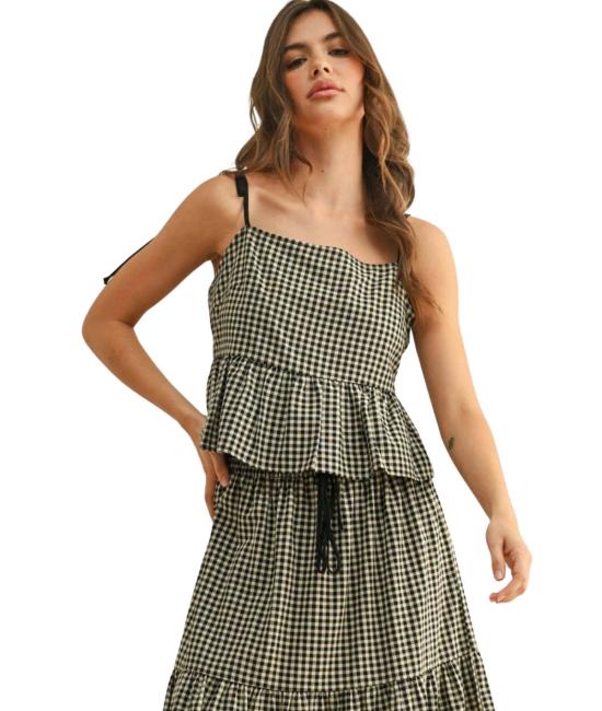  롤라 민소매 티셔츠 깅엄 타이 탑