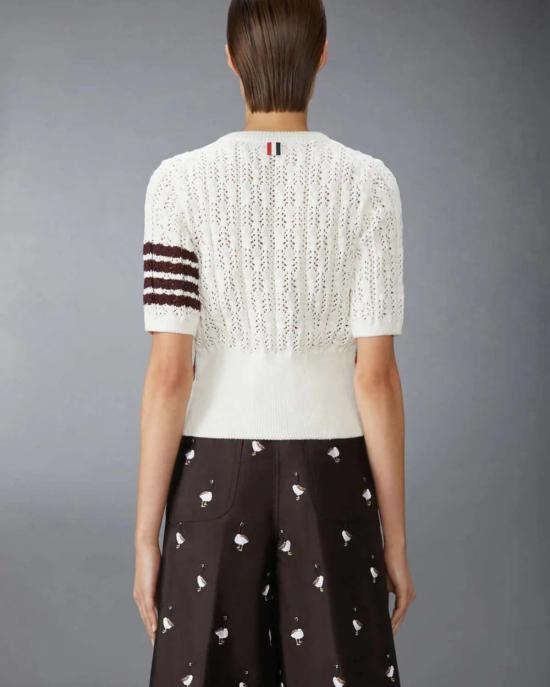  톰브라운 반팔 티셔츠 톰 브라운 포인텔 케이블 스티치 4바 티셔츠 화이트 - THOM BROWNE