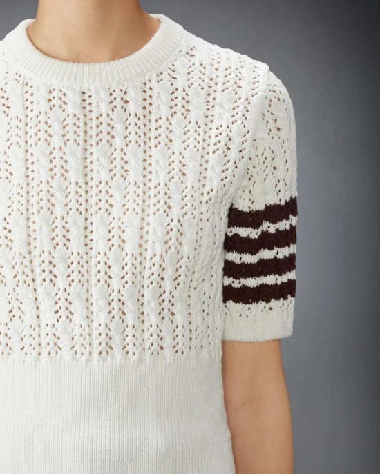  톰브라운 반팔 티셔츠 톰 브라운 포인텔 케이블 스티치 4바 티셔츠 화이트 - THOM BROWNE