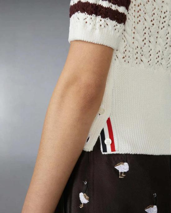  톰브라운 반팔 티셔츠 톰 브라운 포인텔 케이블 스티치 4바 티셔츠 화이트 - THOM BROWNE