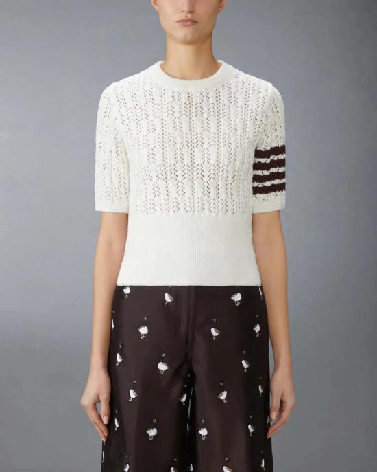  톰브라운 반팔 티셔츠 톰 브라운 포인텔 케이블 스티치 4바 티셔츠 화이트 - THOM BROWNE