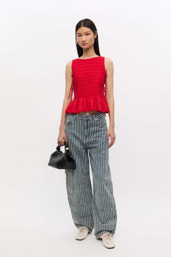  가니 민소매 티셔츠 스모크 타이 스트링 탑 레이싱 레드 - GANNI