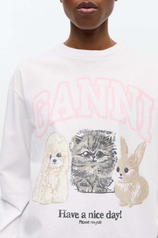  가니 긴팔 티셔츠 헤비 저지 애니멀스 롱슬리브 탑 브라이트 화이트 - GANNI