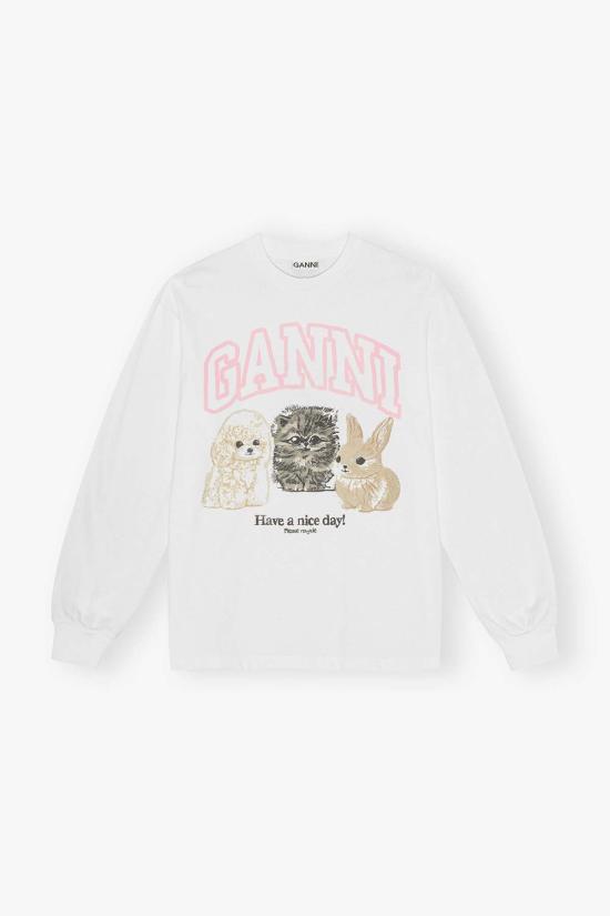  가니 긴팔 티셔츠 헤비 저지 애니멀스 롱슬리브 탑 브라이트 화이트 - GANNI